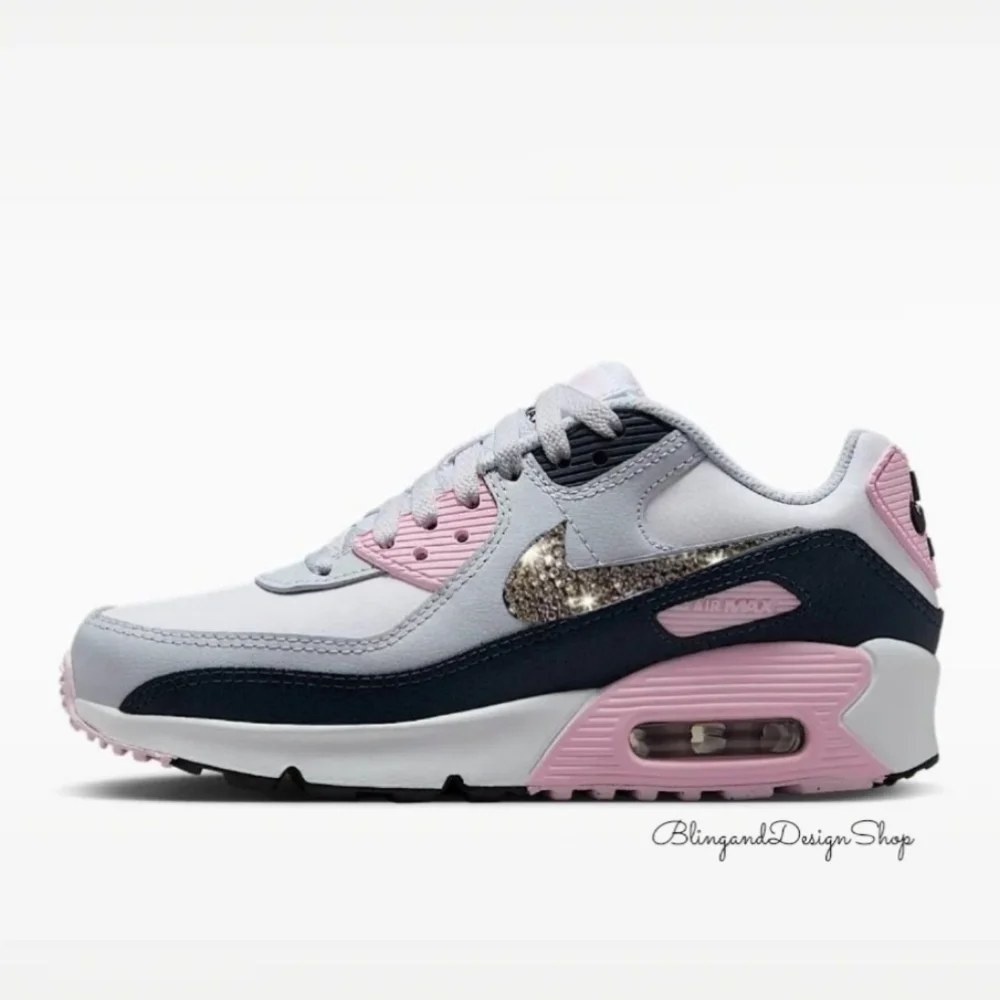 Bling Nike Air Max 90 Girls Sneakers Shoes Customized with Crystals Pink Gray